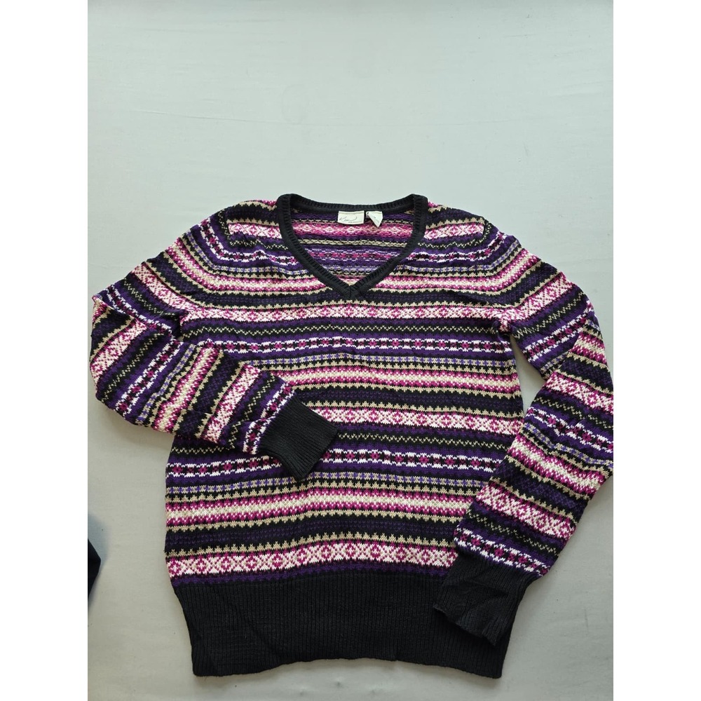 Kim Rogers Womens V-Neck Fair Isle Knit Sweater Purple Pink Black 100% Cotton M
